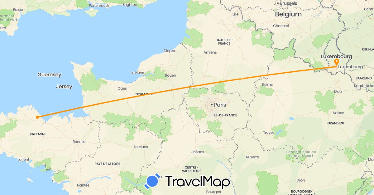 TravelMap itinerary: driving, hitchhiking in France, Luxembourg (Europe)
